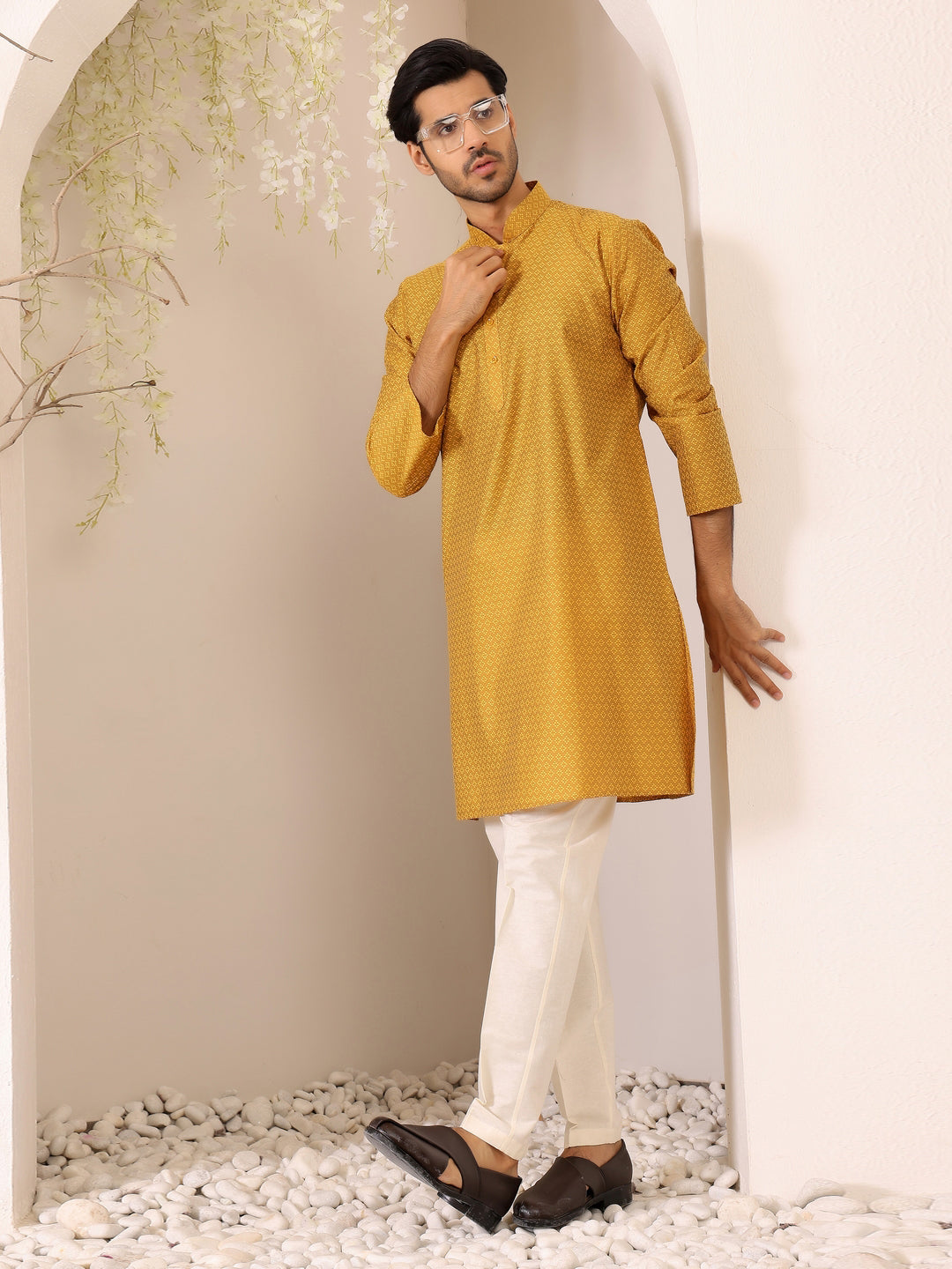 Mustard Self Design Woven Jacquard Cotton Straight Kurta