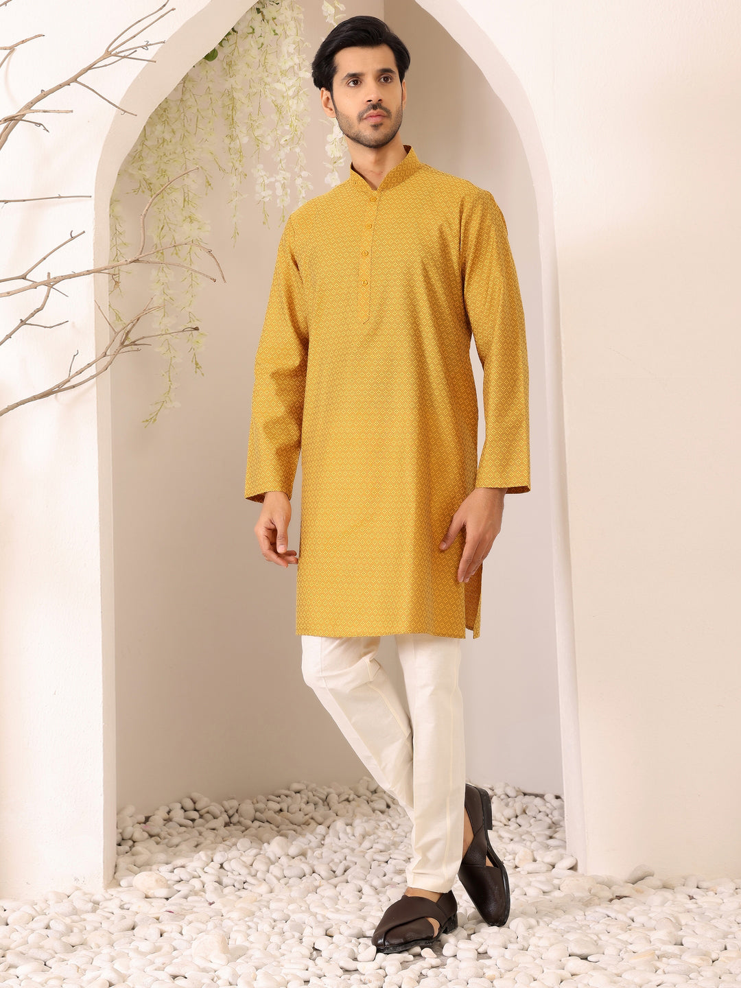 Mustard Self Design Woven Jacquard Cotton Straight Kurta
