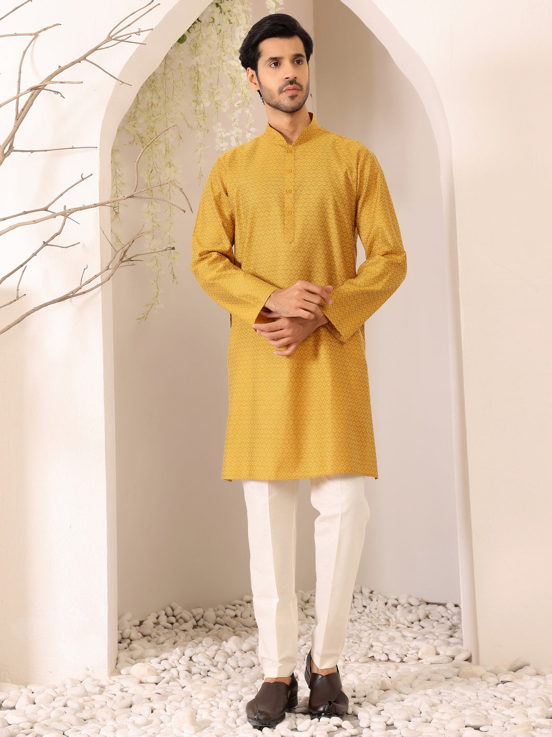 Mustard Self Design Woven Jacquard Cotton Straight Kurta