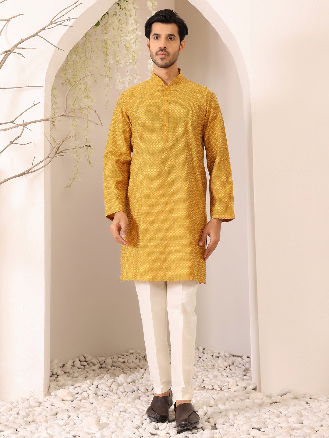 Mustard Self Design Woven Jacquard Cotton Straight Kurta
