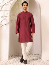 Maroon Self Design Woven Jacquard Cotton Straight Kurta