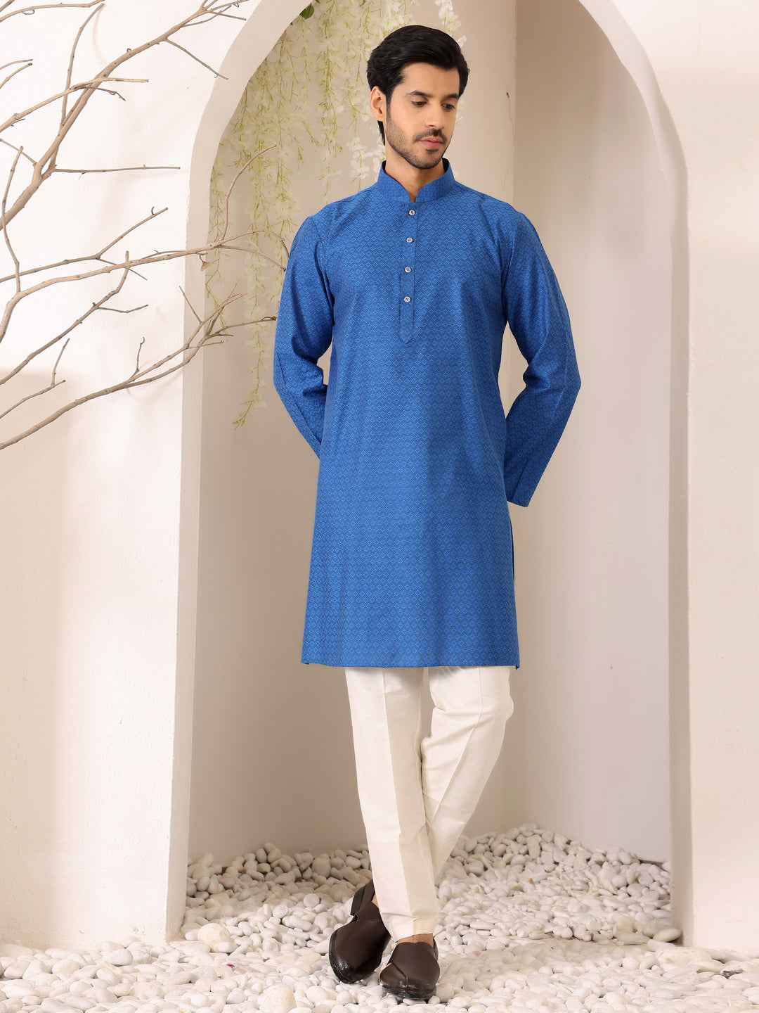 Royal Blue Self Design Woven Jacquard Cotton Straight Kurta