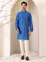 Royal Blue Self Design Woven Jacquard Cotton Straight Kurta
