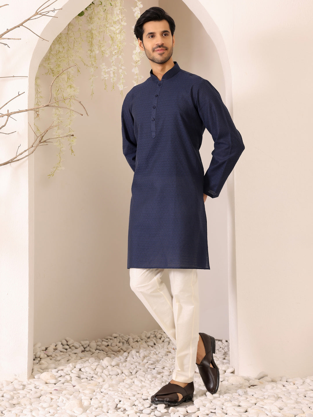 Midnight Blue self Design Woven Jacquard Cotton Straight Kurta