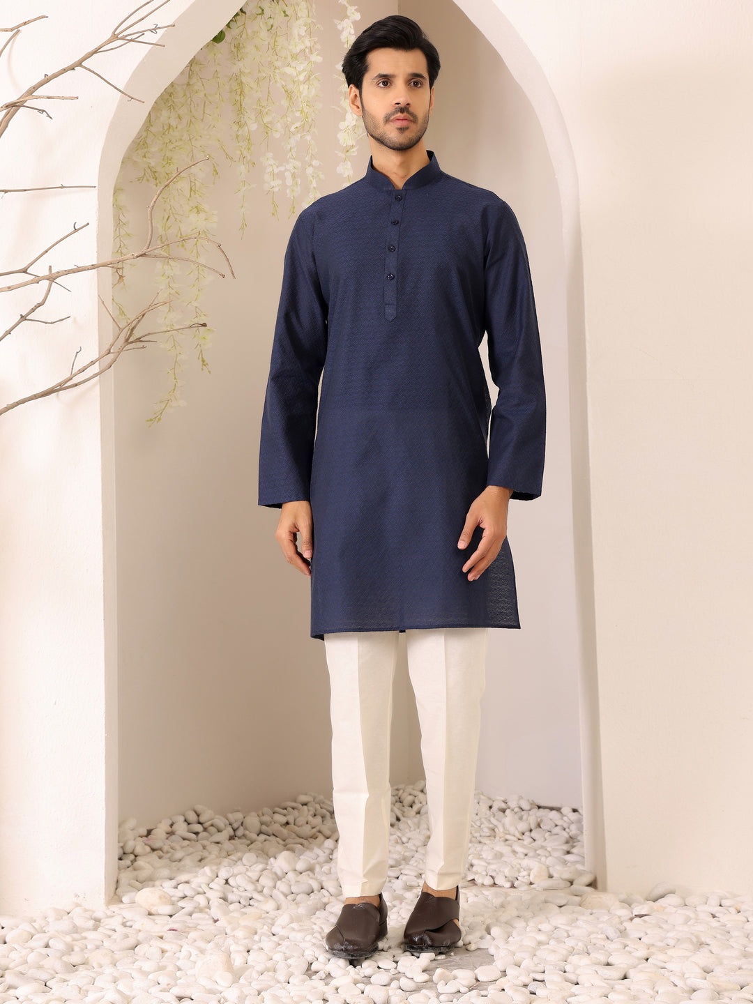Midnight Blue self Design Woven Jacquard Cotton Straight Kurta