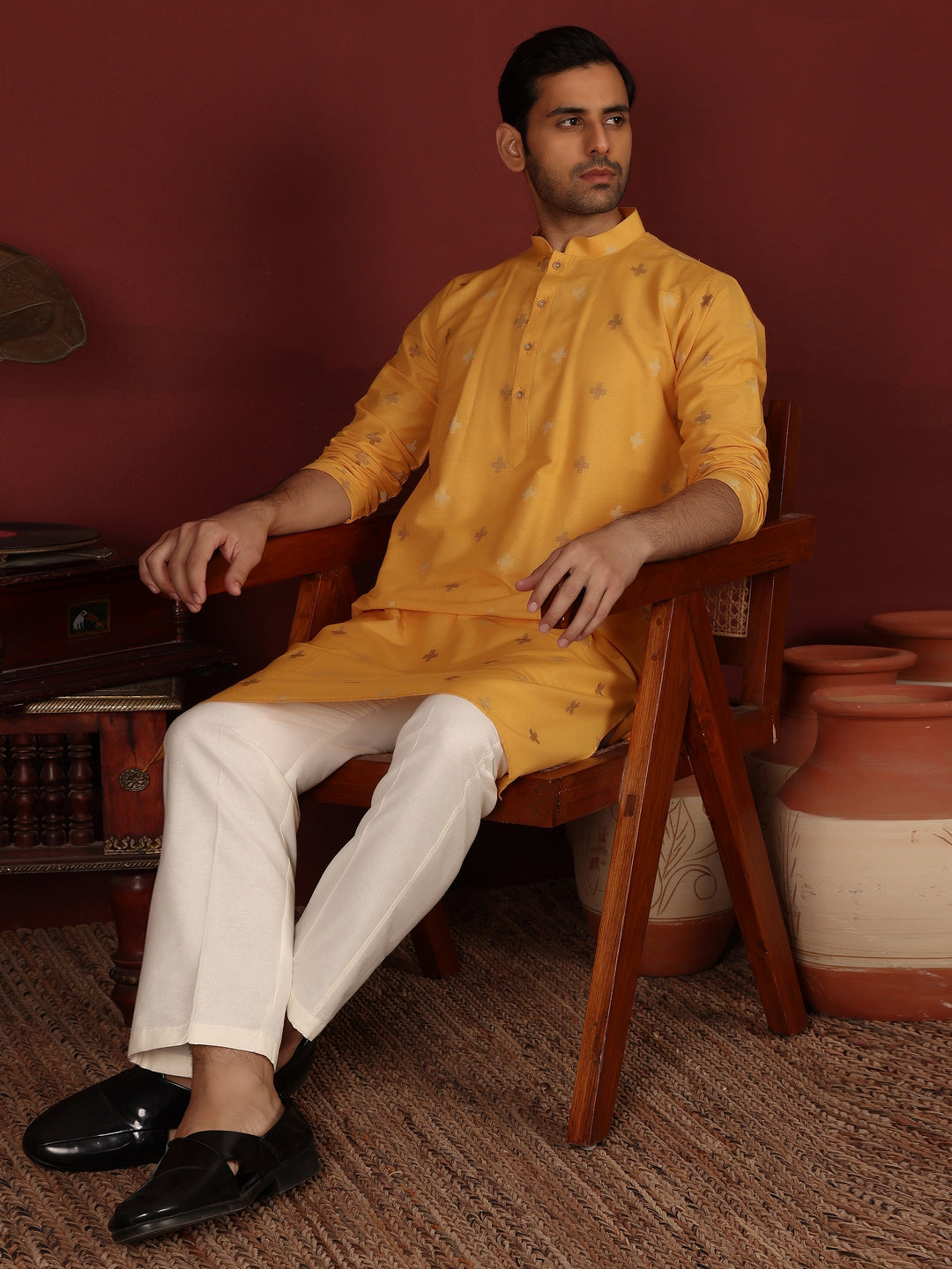 Turmeric Yellow Woven Jacquard Delux Cotton Straight Kurta