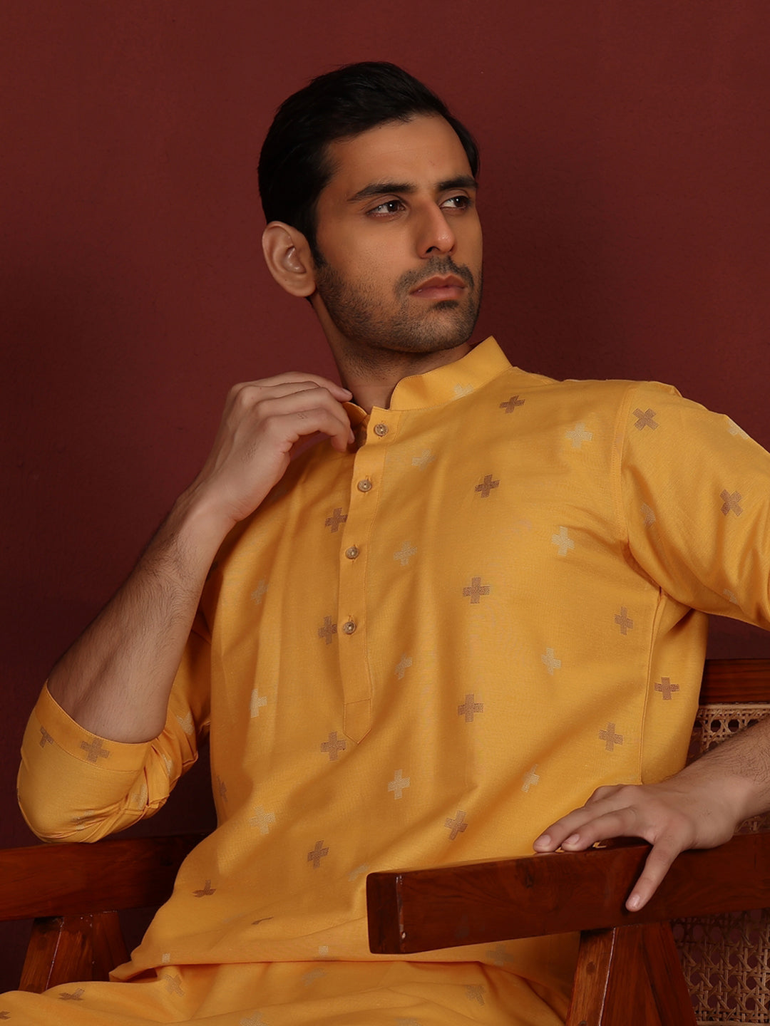 Turmeric Yellow Woven Jacquard Delux Cotton Straight Kurta