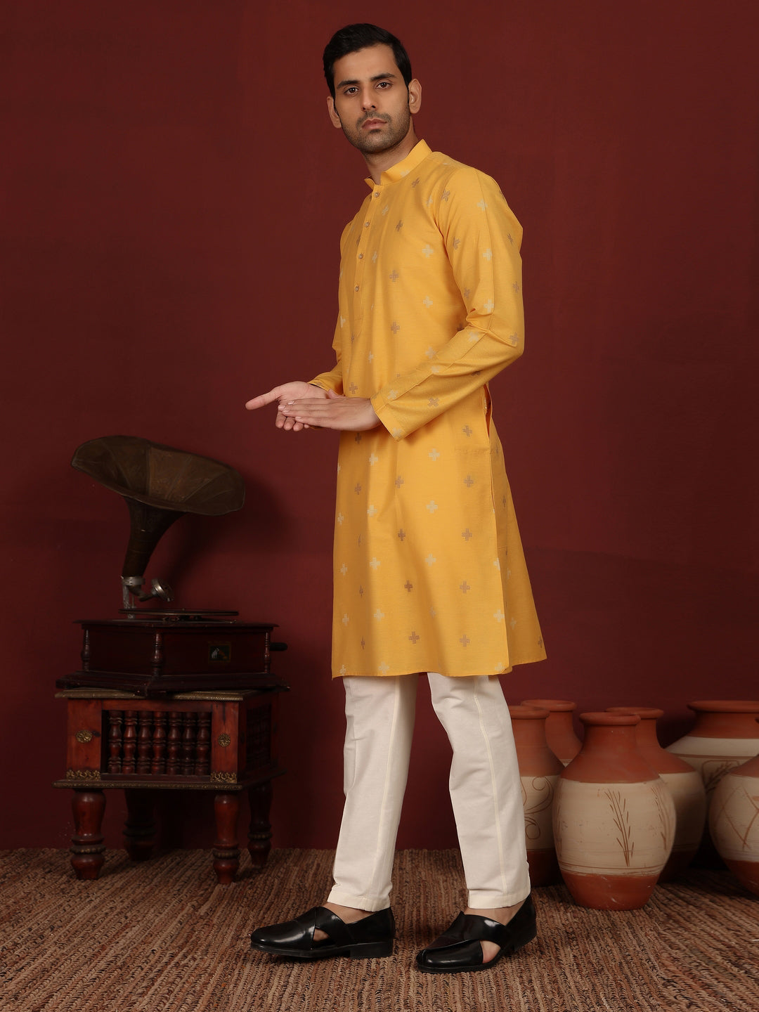 Turmeric Yellow Woven Jacquard Delux Cotton Straight Kurta