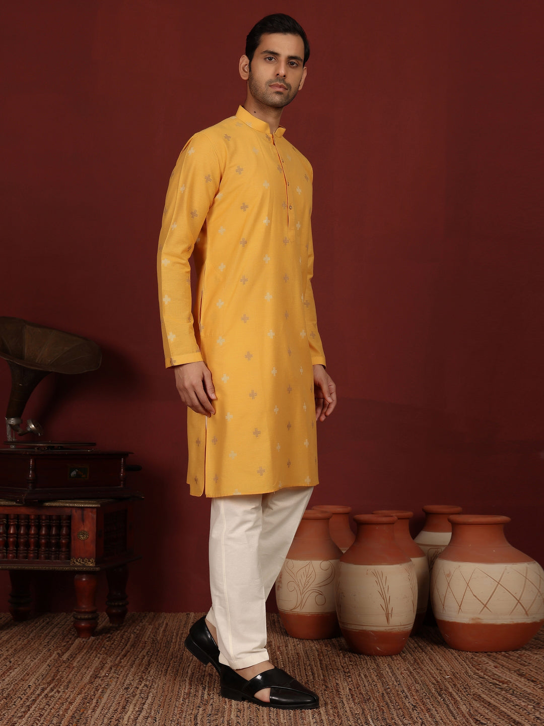 Turmeric Yellow Woven Jacquard Delux Cotton Straight Kurta