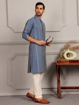 Pastel Blue Woven Jacquard Delux Cotton Straight Kurta