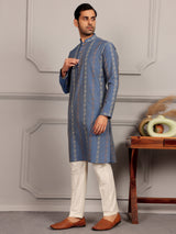 Pastel Blue Woven Jacquard Delux Cotton Straight Kurta