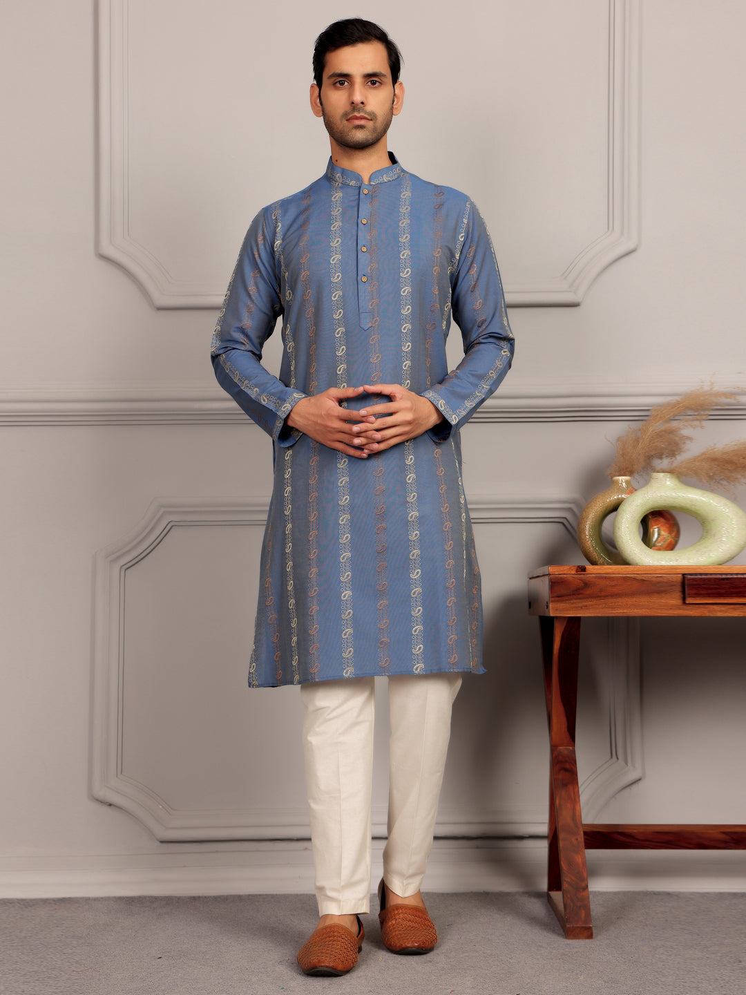 Pastel Blue Woven Jacquard Delux Cotton Straight Kurta