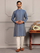 Pastel Blue Woven Jacquard Delux Cotton Straight Kurta