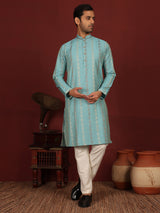 Blue Woven Jacquard Delux Cotton Straight Kurta