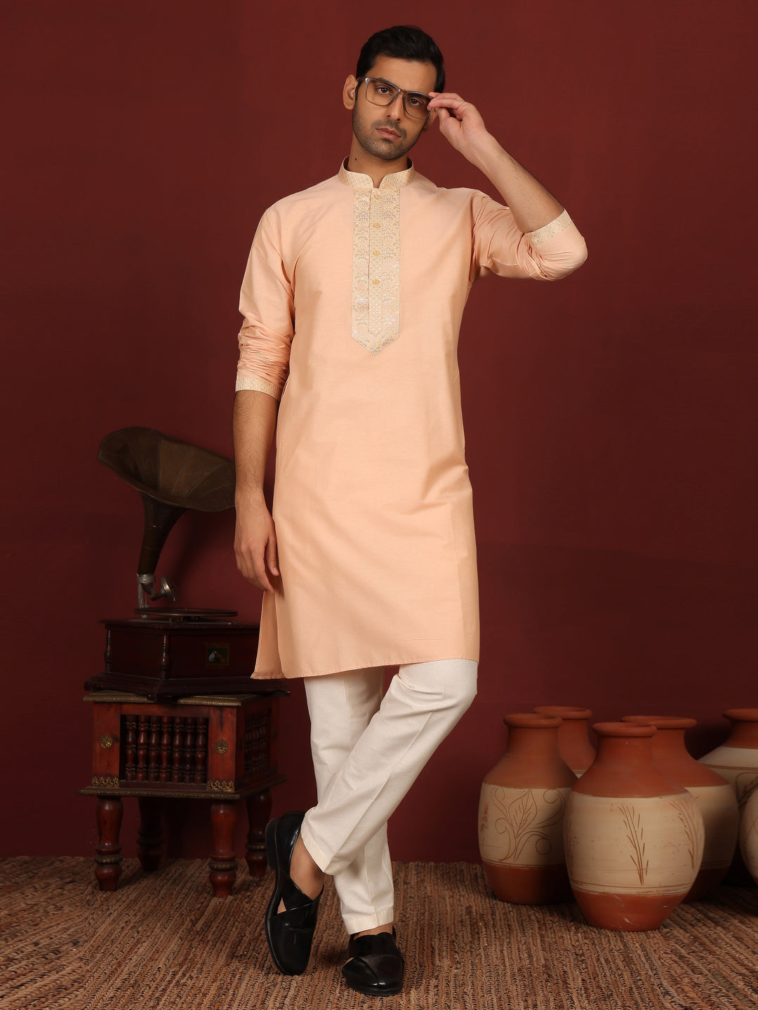 Peach Delux Cotton Straight Kurta with Jacquard Neck Design