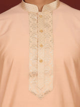 Peach Delux Cotton Straight Kurta with Jacquard Neck Design