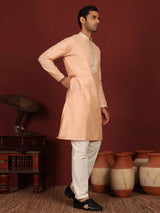 Peach Delux Cotton Straight Kurta with Jacquard Neck Design