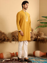 Mustard Delux Cotton Straight Kurta with Jacquard Neck Design