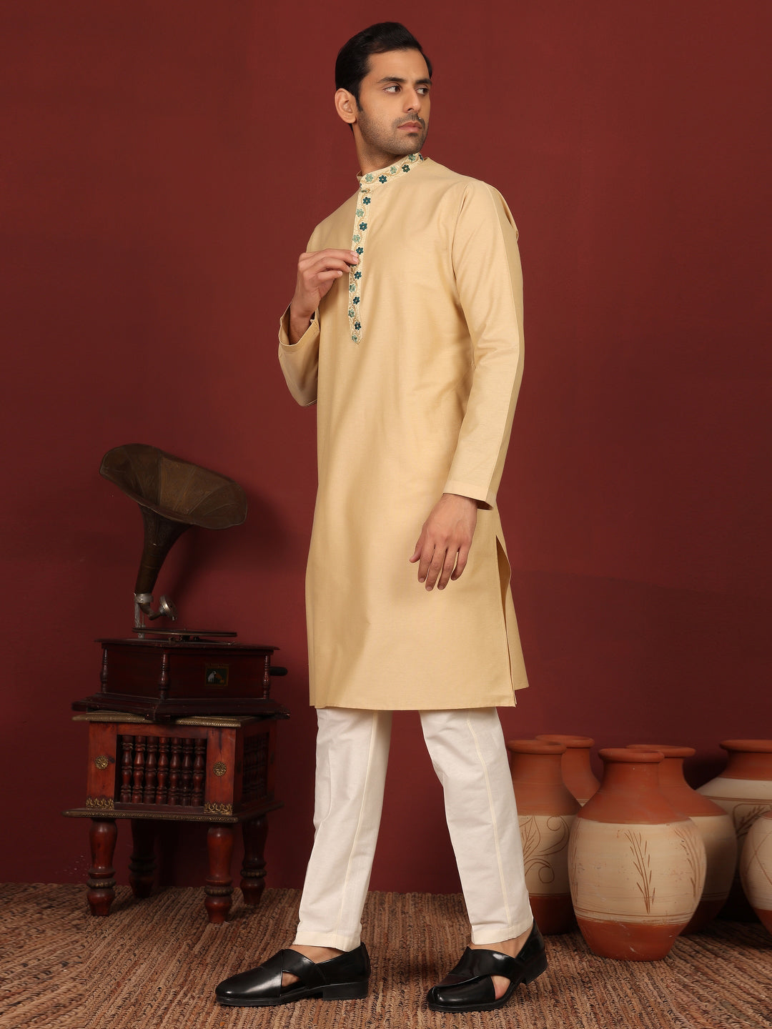 Tan Color Delux Cotton Straight Kurta with Embroidered Neck