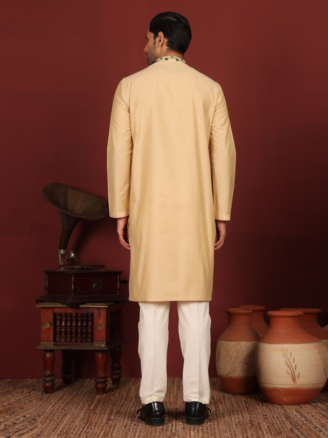 Tan Color Delux Cotton Straight Kurta with Embroidered Neck