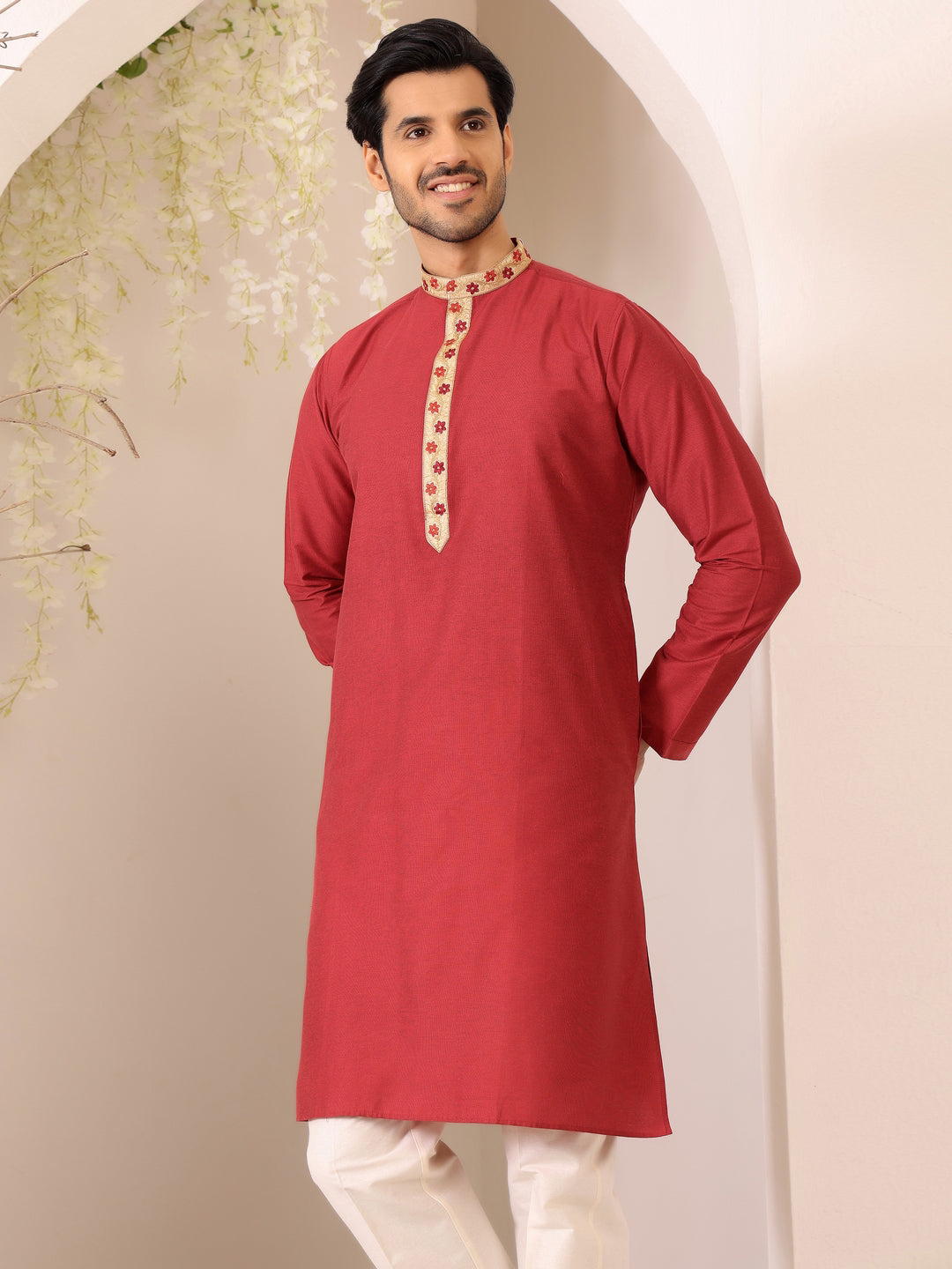 Red Color Delux Cotton Straight Kurta with Embroidered Neck