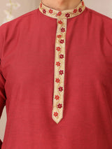 Red Color Delux Cotton Straight Kurta with Embroidered Neck