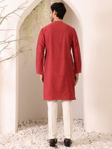 Red Color Delux Cotton Straight Kurta with Embroidered Neck