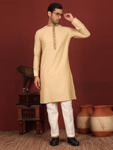 Light Beige Delux Cotton Straight Kurta with Embroidered Neck