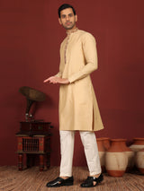 Light Beige Delux Cotton Straight Kurta with Embroidered Neck