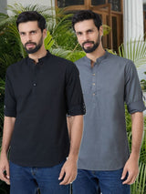 Men Pack Of 2 Black & Grey Cotton Solid Short Kurta