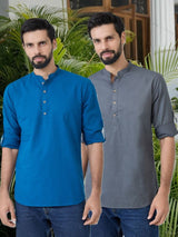 Men Pack Of 2 Blue & Grey Cotton Solid Short Kurta