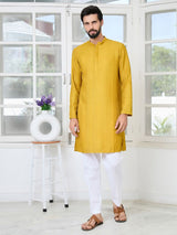 Mustard Embroidered Thread Work Sequin Chanderi Silk Straight Kurta