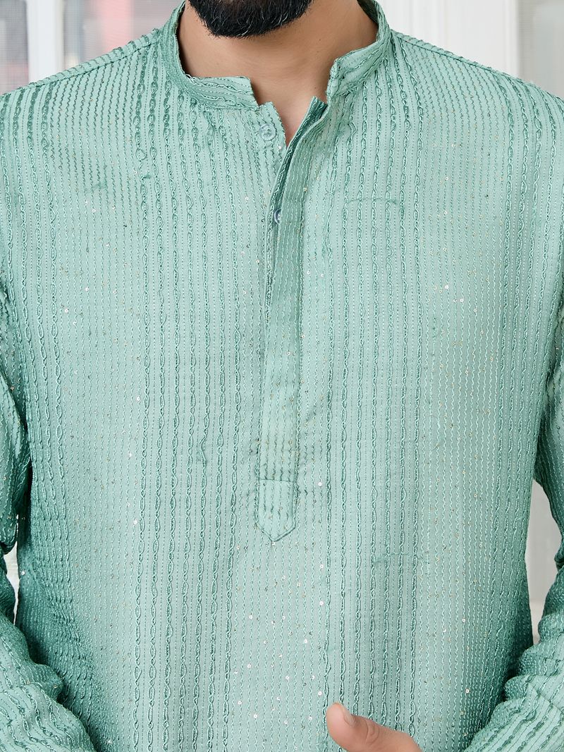 Pastel Green Embroidered Thread Work Sequin Chanderi Silk Straight Kurta