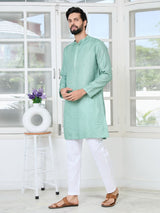Pastel Green Embroidered Thread Work Sequin Chanderi Silk Straight Kurta