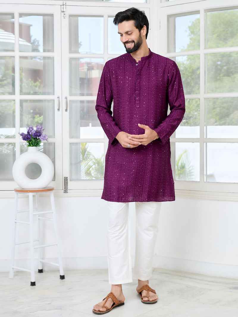 Purple Embroidered Thread Work Sequin Chanderi Silk Straight Kurta