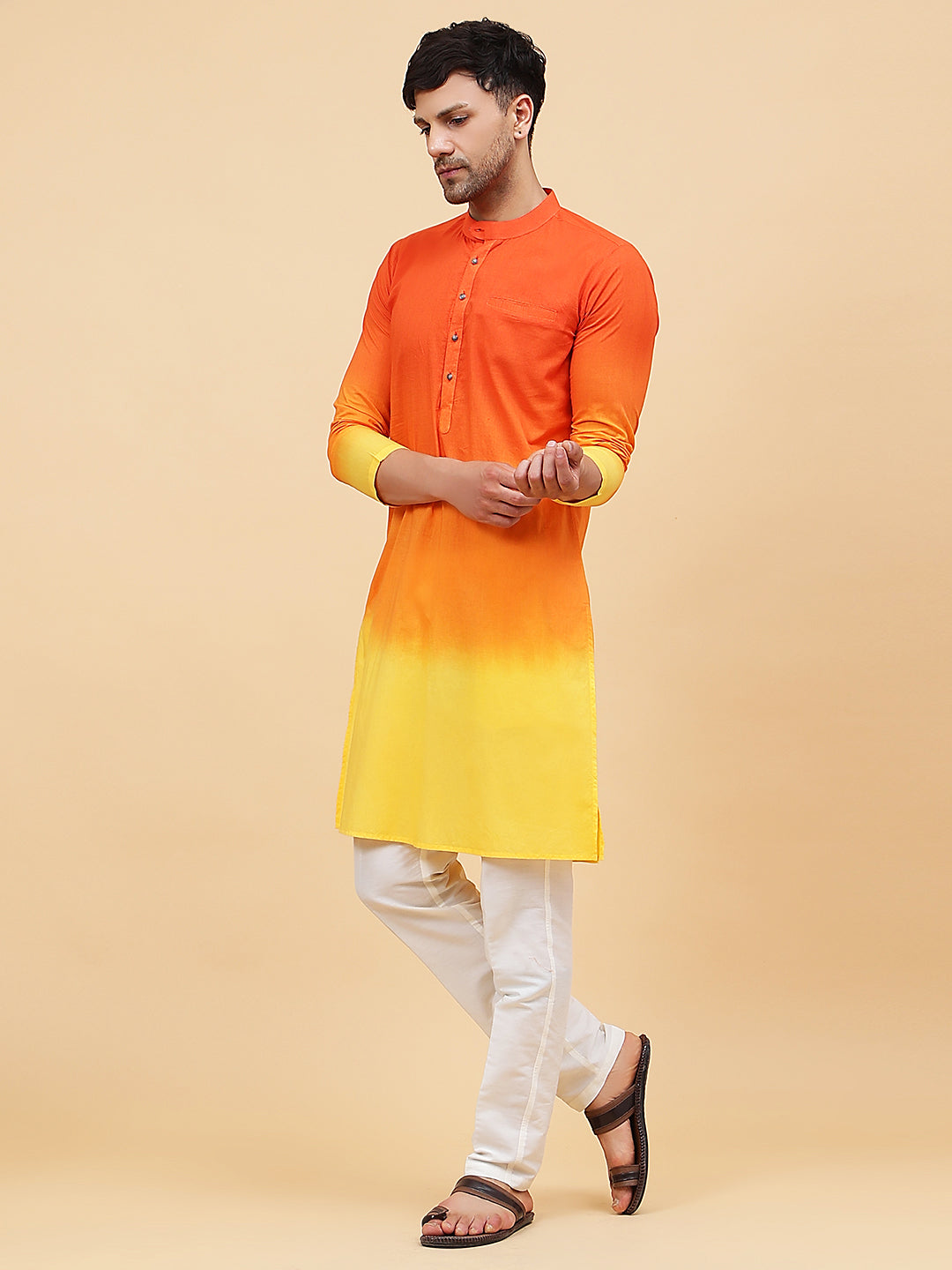 Men Orange And Yellow Ombre Dyed Pure Cotton Kurta
