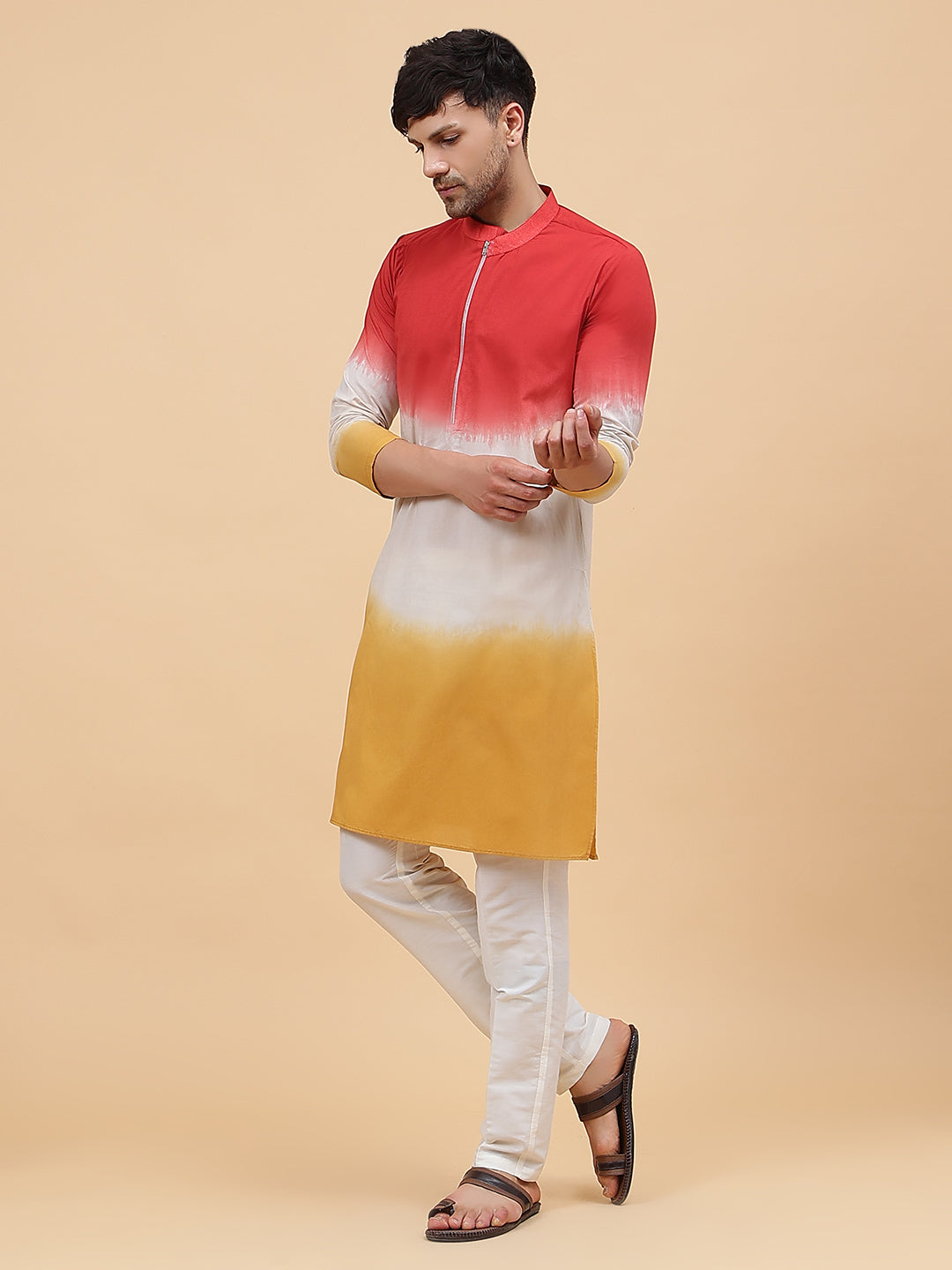 Men Orange White And Mustard Ombre Dyed Pure Cotton Kurta