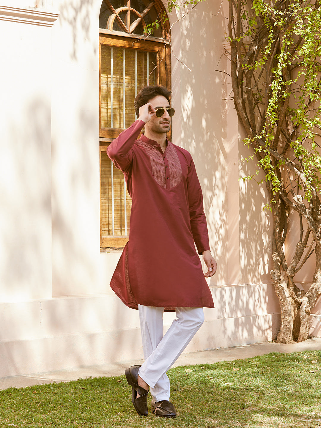 Men Maroon Cotton Silk Pintex Yock Design Kurta