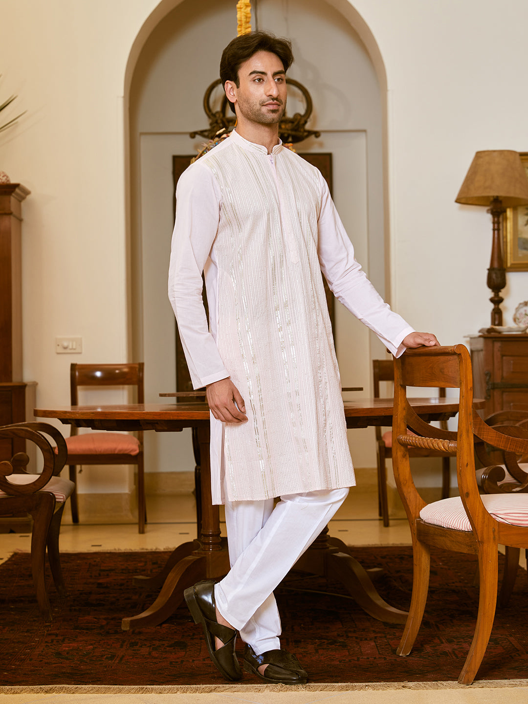 Men Pink Cotton Pintex Design Sequins Kurta