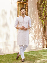 Men Pink Cotton Pintex Design Sequins Kurta