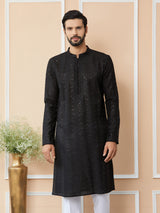 Black Embroidered Thread Work Sequin Chanderi Silk Straight Kurta