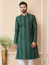 Green Embroidered Thread Work Sequin Chanderi Silk Straight Kurta