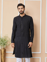 Black Embroidered Pure Chanderi Silk Straight Kurta