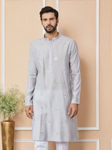 Grey Embroidered Pure Chanderi Silk Straight Kurta