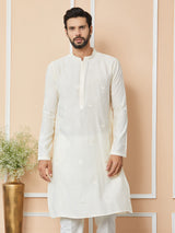 Cream Embroidered Pure Chanderi Silk Straight Kurta