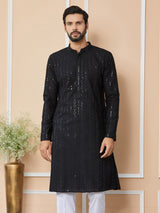 Black Sequins Embroidered Chikankari Pure Cotton Straight Kurta