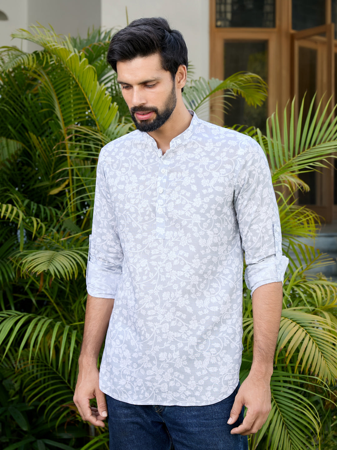 Gray Tropical Printed Rayon Short Kurta