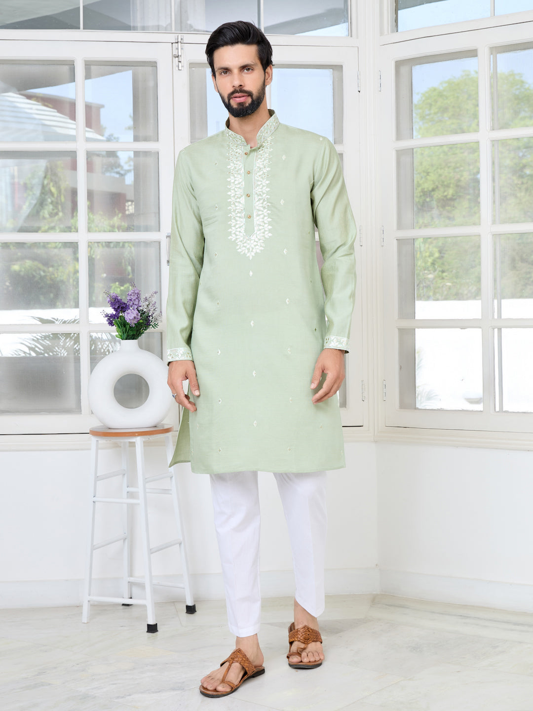 Pastel Green Thread worked Chanderi Straight Kurta with Yoke Design
