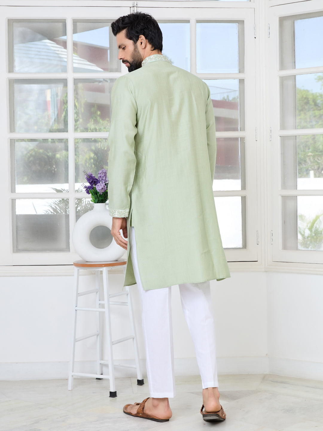 Pastel Green Thread worked Chanderi Straight Kurta with Yoke Design
