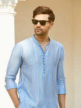 Men Turquoise Blue Chanderi Silk Sequins Cotton Kurta